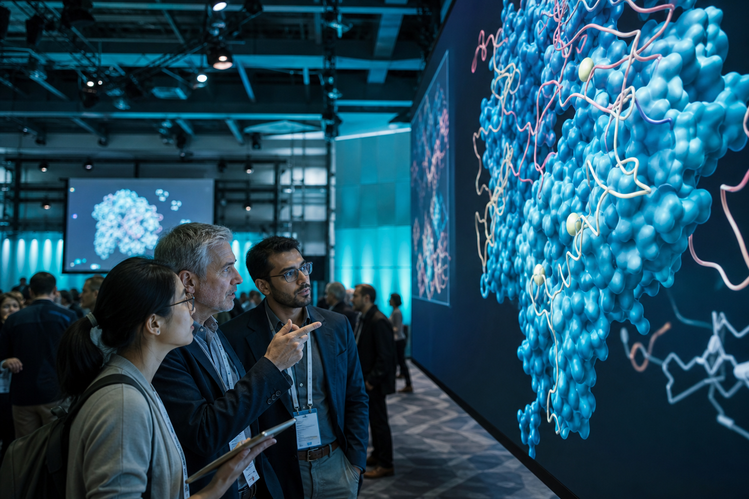 Scientists reviewing protein structures at the congress